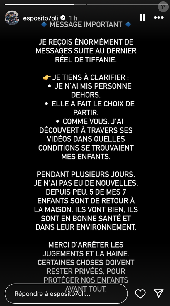 Story Instagram d'Olivier Esposito, le mari de Tiffanie Esposito, datant du samedi 23 août 2025.