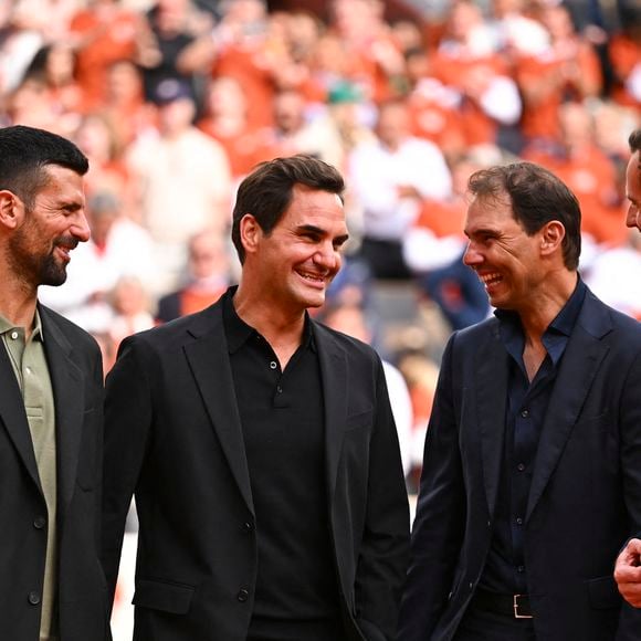 Novak Djokovic, Roger Federer, Rafael Nadal et Andy Murray - Hommage à Rafael Nadal lors des Internationaux de France de Tennis de Roland Garros 2025, sur le court Philippe-Chatrier au Complexe Roland-Garros à Paris, France, le 25 mai 2025. © Corinne Dubreuil/Pool FFT/Bestimage