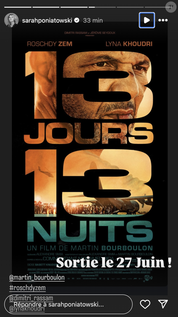Elle a décidé de faire de même ce lundi 28 avril en partageant l'affiche et la bande annonce de "13 jours, 13 nuits", le film dans lequel Roschdy Zem tient le rôle principal et qui sortira le 27 juin 2025. 

Sarah Lavoine soutient son compagnon Roschdy Zem et poste sur Instagram, ce lundi 28 avril, l'affiche du film "13 jours, 13 nuits" dans lequel il tient le premier rôle. Instagram @sarahponiatowski