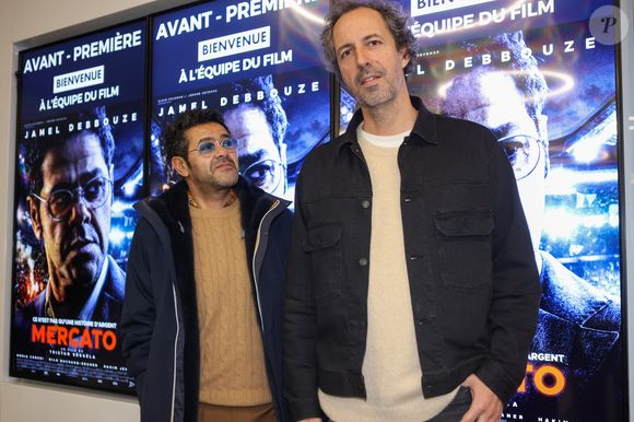 Exclusif - L'humoriste et acteur Jamel Debbouze et le réalisateur Tristan Séguéla au cinéma CGR-Villenave-d'Ornon en Gironde - France, pour l'avant-première du film "Mercato", le 14 février 2025. ©Jean-Marc Lhomer/Bestimage.
