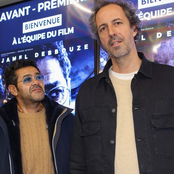 Exclusif - L'humoriste et acteur Jamel Debbouze et le réalisateur Tristan Séguéla au cinéma CGR-Villenave-d'Ornon en Gironde - France, pour l'avant-première du film "Mercato", le 14 février 2025. ©Jean-Marc Lhomer/Bestimage.