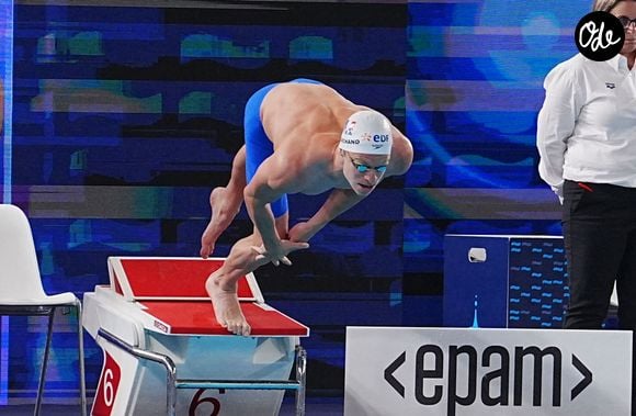 Le Français Léon Marchand lors de la finale du 400 mètres nage libre masculin aux Championnats d'Europe de natation, au Centre aquatique olympique de la Métropole du Grand Paris (France), le 16 août 2026. © Laurent Lairys / PsnewZ / Bestimage
