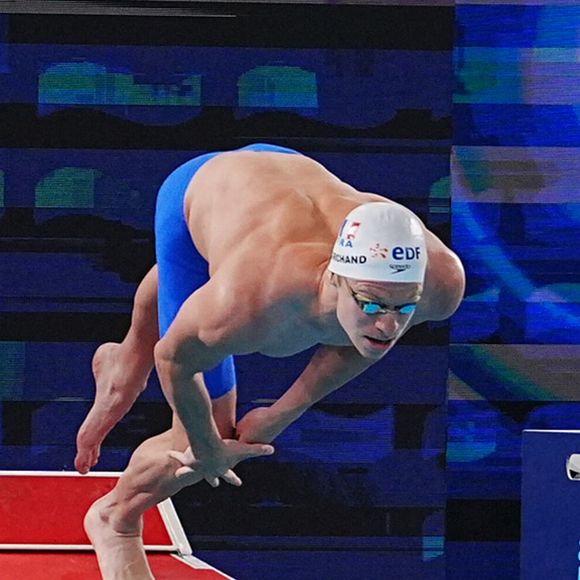 Le Français Léon Marchand lors de la finale du 400 mètres nage libre masculin aux Championnats d'Europe de natation, au Centre aquatique olympique de la Métropole du Grand Paris (France), le 16 août 2026. © Laurent Lairys / PsnewZ / Bestimage