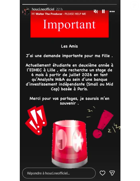 Houcine a partagé un message pour demander de l'aide à ses abonnés. Capture d'écran Instagram