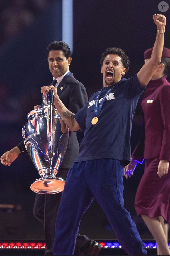 Nasser al-Khelaïfi (président du PSG), Marquinhos - Les joueurs du PSG célèbrent leur titre de Champion d'Europe au Parc Des Princes à Paris, le 1er juin 2025.
© Cyril Moreau/Bestimage