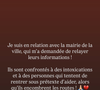 "Je suis en relation avec la mairie de la ville, qui m'a demandé de relayer leurs informations !" a-t-elle écrit en story