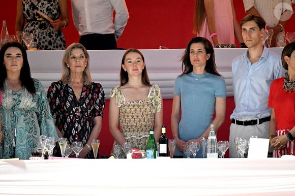 La princesse Caroline de Hanovre, sa fille Charlotte Casiraghi, son fils, né de son union avec Gad Elmaleh, Raphael, la princesse Alexandra de Hanovre, son fiancé Ben-Sylvester Strautmann, Melanie de Massy et Diane Fissore, la présidente du jumping et de la Fédération monégasque d’équitation, ont assisté à la 2eme journée du Jumping International de Monte-Carlo, le 4 juillet 2024. La compétition se déroule sur le port Hercule à Monaco, du 3 juillet au 5 juillet. La princesse Caroline, sa fille Charlotte et Diane Fissore, ont remis le 1er prix de la Longines Pro-Am Cup au profit de l'AMADE et recupéré un chèque de 20000 Euros pour l'associarion fondée en 1963 par la princesse Grace de Monaco en faveur de la protection et de l’épanouissement des enfants. C'es le binôme composé de Giacomo Paneraj (MON) et Felipe Coutinho Mendonca Nagata (BRE), pour la Team Paneraj & Partner Estate qui ont pris la première place. © Bruno Bebert/Bestimage