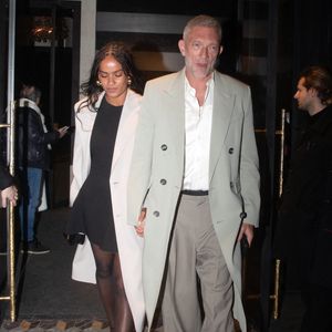 Vincent Cassel et sa compagne Narah Baptista à la sortie d'un dîner à l'hôtel "Costes" lors de la Fashion Week de Paris (PFW), le 18 janvier 2024.