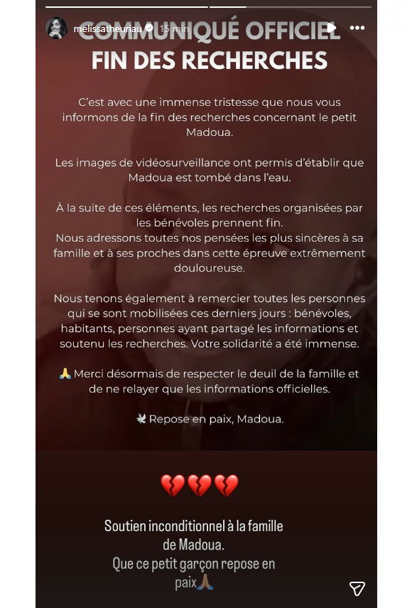 La nouvelle de son décès a été officialisée ce jeudi 5 mars 2026, provoquant une immense vague d'émotion sur les réseaux sociaux.

Mélissa Theuriau apporte son soutien à la famille du petit Madoua.