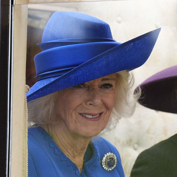 La reine Camilla lors d'une procession en calèche dans le domaine de Windsor au château de Windsor à Windsor, Berkshire, au premier jour de la deuxième visite d'État du président américain Donald Trump au Royaume-Uni à Windsor, Berkshire, Angleterre, Royaume-Uni, le 17 septembre 2025. Photo by Aaron Chown/PA Wire/ABACAPRESS.COM