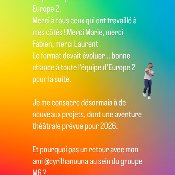 Sur Instagram, Benjamin Castaldi s'exprime après l'annonce.

Benjamin Castaldi s'exprime après l'annonce de son départ de la matinale d'Europe 2, sur Instagram.