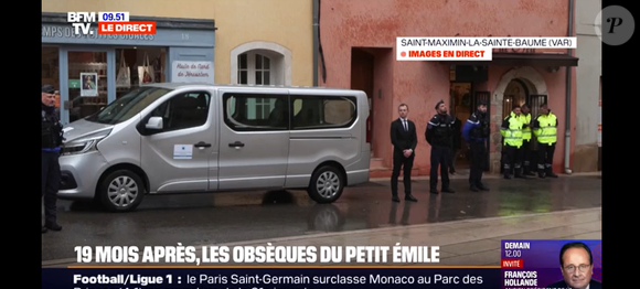 Le cercueil blanc d'Emile arrivant à la basilique Sainte-Marie-Madeleine de Saint-Maximin-la-Sainte-Baume le 8 février 2025. Il a ensuite été porté par ses parents Marie et Colomban Soleil , son parrain et sa marraine.