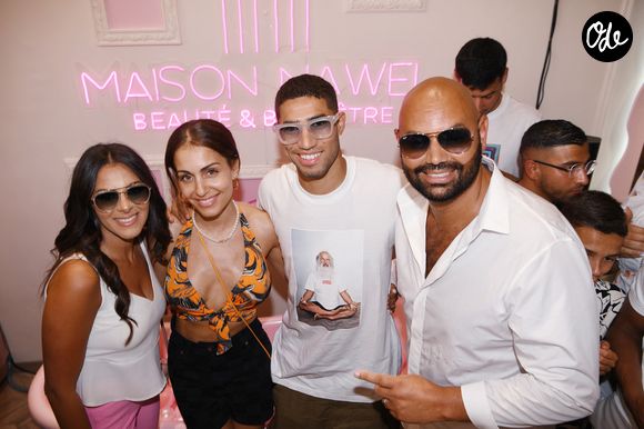 Exclusivité - Nawel Debbouze avec son mari Fouad Ben Kouider, Achraf Hakimi et son épouse Hiba Abouk - Inauguration de l'institut de beauté « Maison Nawel » à Marrakech, au Maroc, le 17 juin 2022.  © Rachid Bellak/Bestimage
