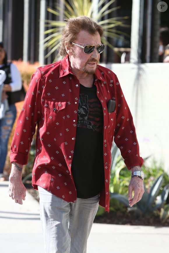 Johnny Hallyday avec sa femme Laeticia, leurs filles Jade et Joy, Marie Poniatowski avec son mari Pierre Rambaldi et leur fille Tess, à Santa Monica, le 1er avril 2017.