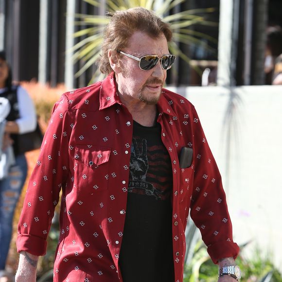 Johnny Hallyday avec sa femme Laeticia, leurs filles Jade et Joy, Marie Poniatowski avec son mari Pierre Rambaldi et leur fille Tess, à Santa Monica, le 1er avril 2017.