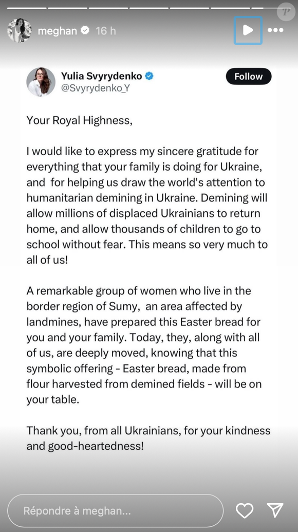 Ce dessert a une forte valeur symbolique, car il est fabriqué avec de la farine issue de champs déminés.

Capture Instagram Meghan Markle