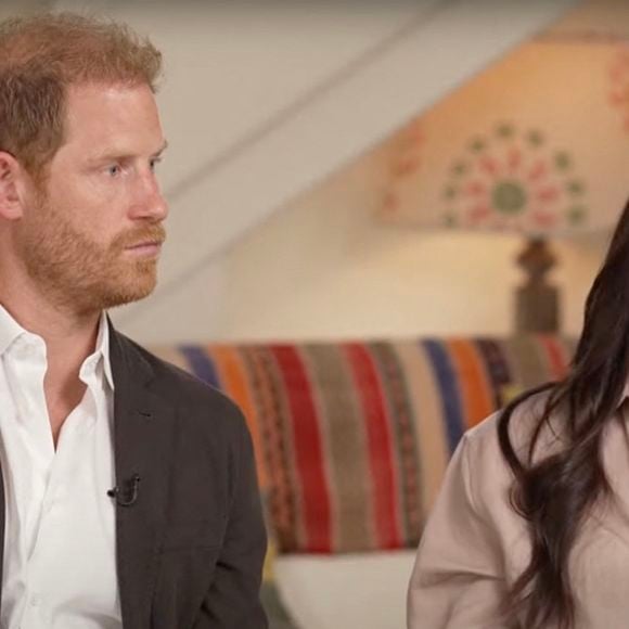 Le prince Harry, duc de Sussex et Meghan Markle, duchesse de Sussex, lors d'une interview pour l'émission CBS News Sunday Morning, diffusée le 4 août 2024. Lors de ce programme, le couple princier a évoqué leurs enfants, Archie Harrison, 5 ans et Lilibet Diana, 3 ans et leur volonté de les protéger des dangers du web.