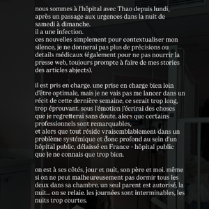 Elle dénonce une prise en charge "loin d'être optimale" au sein d'un hôpital public, tout en saluant certains professionnels.

Agathe Auproux, Instagram