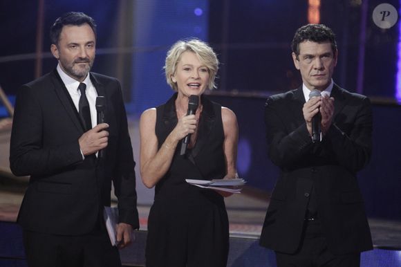 Frederic Lopez, Marc Lavoine et Sophie Davant assistent au Prime de la 29 eme edition du Telethon 2015 a l'Hippodrome de Longchamp a Paris, France, le 05 Decembre 2015. Photo de Jerome Domine/ ABACAPRESS.COM