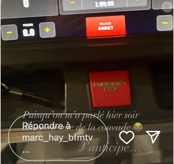 Dans la foulée, le futur papa a également immortalisé l'une de ses séances de sport : 
"Puisqu'on ma parlé hier soir du syndrome de la couvade... J'anticipe".

Marc Hay immortalisant sa séance de sport sur Instagram (Capture d'écran).