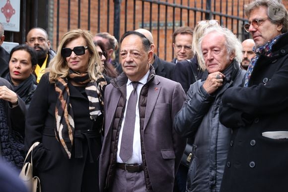 Exclusif - Valérie Trierweiler, Jean-Luc Romero-Michel, Didier Barbelivien et Jean-Noël Mirande - Obsèques de Michel Michel en l'église Saint-Jean-de Montmartre à Paris le 16 octobre 2025. Michel Michel était le patron du légendaire du Banana Café à Paris. © Denis Guignebourg/Bestimage