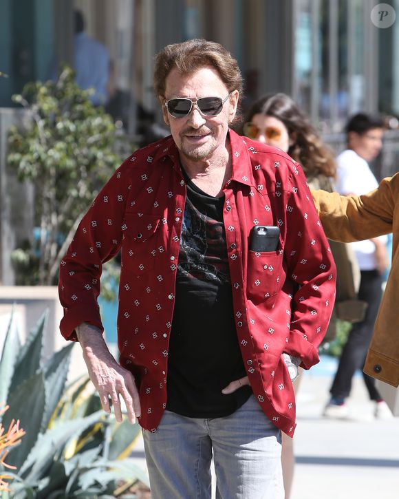Johnny Hallyday avec sa femme Laeticia, leurs filles Jade et Joy, Marie Poniatowski avec son mari Pierre Rambaldi et leur fille Tess, à Santa Monica, le 1er avril 2017.
