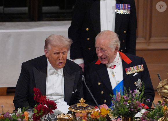 Donald J. Trump et le roi Charles III d'Angleterre lors du banquet d'Etat au château de Windsor en l'honneur de la visite officielle de président Donald Trump et de la Première dame Melania au Royaume-Uni. © PA Photo/ Bestimage