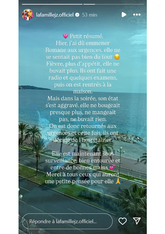 Le duo mère-fille a d'abord été renvoyé à la maison après des examens et une radio.

Raoudha Jean-Zéphirin (Familles nombreuses) donne des nouvelles de sa fille Romane hospitalisée, sur Instagram le 9 octobre 2025.