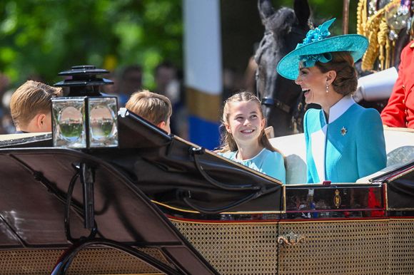 La princesse Charlotte, Catherine, princesse de Galles, le prince George et le prince Louis pendant le défilé des couleurs 2025, à Londres, Royaume-Uni, le 14 juin 2025. Photo by Zak Hussein/Splash News/ABACAPRESS.COM