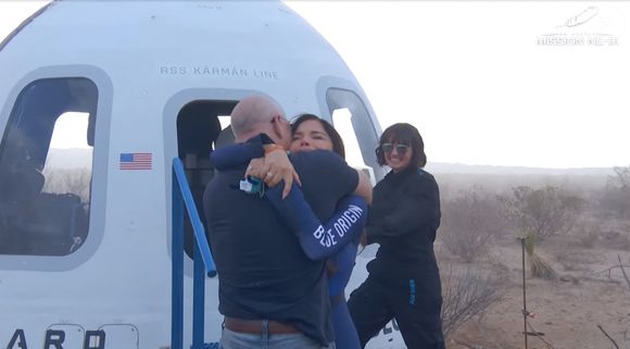 Picture MUST credit: Blue Origin
 Pop star Katy Perry and Lauren Sanchez , the fiancée of Amazon billionaire Jeff Bezos, amongst the six women in a space flight aboard the Jeff Bezos Blue Origin rocket .
Blue Origin's 11th human flight, NS-31, lifted off from Site One in West Texas for the trip in 
The six women are: former NASA rocket scientist Aisha Bowe, 38; bioastronautics researcher and civil rights activist Amanda Nguyen, 38; TV journalist Gayle King, 70, Pop star Perry , 40,  film producer Kerianne Flynn , 35, and journalist Sánchez, 55.
Jeff Bezos was there to see the woman safely into their New Shepard capsule before take-off.
The woman experienced four minutes of weightlessness.
During the roughly 10-minute flight, the crew flew just above the Kármán line, an invisible boundary at an altitude of 62 miles / 100 km widely accepted as the edge of space, before the capsule descended under parachutes and landed in the Texas desert.

Picture supplied by JLPPA