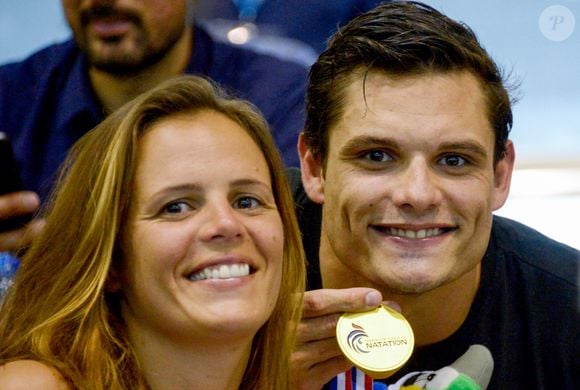 L'ancienne nageuse française Laure Manaudou et son frère Florent Manaudou lors des championnats de France de natation à Montpellier, France, le 3 avril 2016. Photo par Henri Szwarc/ABACAPRESS.COM