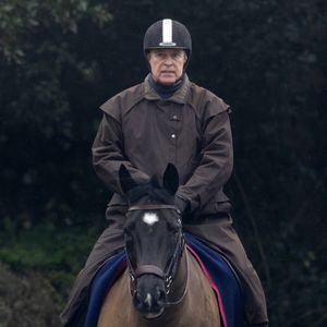 Le prince Andrew, duc d’York, se balade à cheval avec une jeune fille dans le parc du château de Windsor. Dana Press / Bestimage