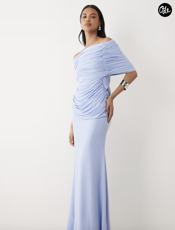 ASOS DESIGN - Robe longue à épaules dénudées avec corsage cache-cœur et traîne - Bleu