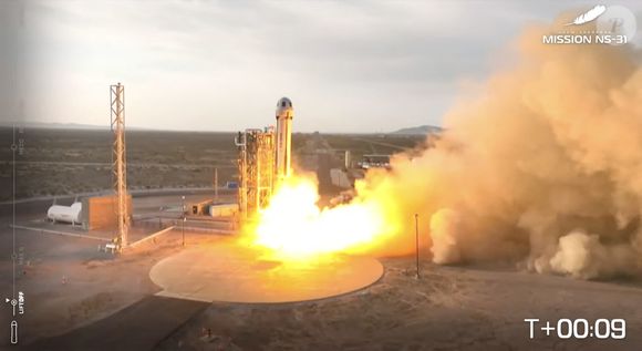 Picture MUST credit: Blue Origin
 Pop star Katy Perry and Lauren Sanchez , the fiancée of Amazon billionaire Jeff Bezos, amongst the six women in a space flight aboard the Jeff Bezos Blue Origin rocket .
Blue Origin's 11th human flight, NS-31, lifted off from Site One in West Texas for the trip in 
The six women are: former NASA rocket scientist Aisha Bowe, 38; bioastronautics researcher and civil rights activist Amanda Nguyen, 38; TV journalist Gayle King, 70, Pop star Perry , 40,  film producer Kerianne Flynn , 35, and journalist Sánchez, 55.
Jeff Bezos was there to see the woman safely into their New Shepard capsule before take-off.
The woman experienced four minutes of weightlessness.
During the roughly 10-minute flight, the crew flew just above the Kármán line, an invisible boundary at an altitude of 62 miles / 100 km widely accepted as the edge of space, before the capsule descended under parachutes and landed in the Texas desert.

Picture supplied by JLPPA