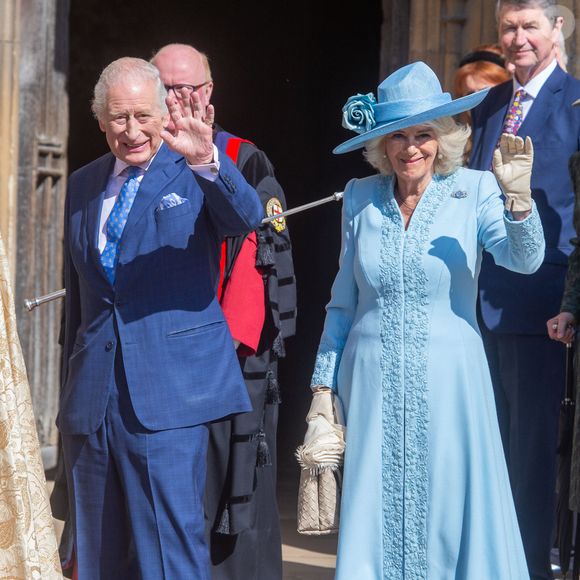 April 20, 2025, London, England, United Kingdom: King CHARLES III (Le roi Charles III d'Angleterre) and Queen CAMILLA (Camilla Parker Bowles, reine consort d'Angleterre) arrive at the Easter Mattins service at St George's Chapel in Windsor Castle. (Credit Image: © Tayfun Salci/ZUMA Press Wire)