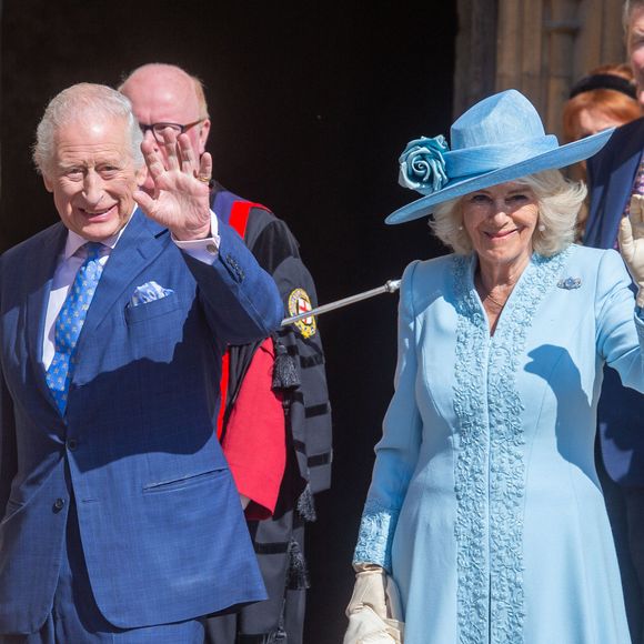 April 20, 2025, London, England, United Kingdom: King CHARLES III (Le roi Charles III d'Angleterre) and Queen CAMILLA (Camilla Parker Bowles, reine consort d'Angleterre) arrive at the Easter Mattins service at St George's Chapel in Windsor Castle. (Credit Image: © Tayfun Salci/ZUMA Press Wire)