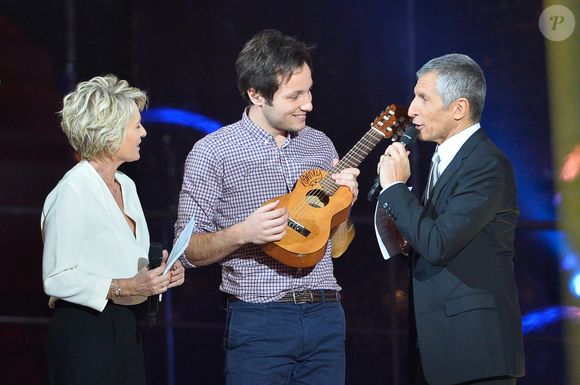 Sophie Davant, le chanteur Vianney (Vianney Bureau) et Nagui - 30ème édition du Téléthon 2016 (AFMTéléthon) à l'hippodrome de Longchamp à Paris, France, le 3 décembre 2016. © Coadic Guirec/Bestimage