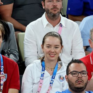 Alexandra de Hanovre et son compagnon Ben-Sylvester Strautmann, Prince Albert II de Monaco en tribunes pendant l'épreuve de basketball de Demi-Finale opposant les Etats-Unis à la Serbie lors des Jeux Olympiques de Paris 2024 (JO) à l'Arena Bercy, à Paris, France, le 8 août 2024. © Jacovides-Perusseau/Bestimage