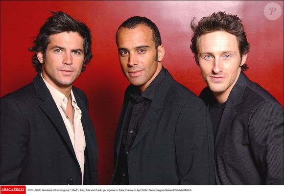 EXCLUSIF. Les membres du groupe français 2Be3- (Filip, Adel et Frank) se réunissent à Paris, France, en avril 2004. Photo Grégoire Mahler/KORAVA/ABACA.