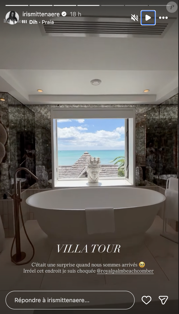 Iris Mittenaere a partagé des images de la villa dans laquelle elle loge à l'île Maurice au Royal Palm Beach Comber, vendredi 20 mars 2026 via Instagram @irismittenaere