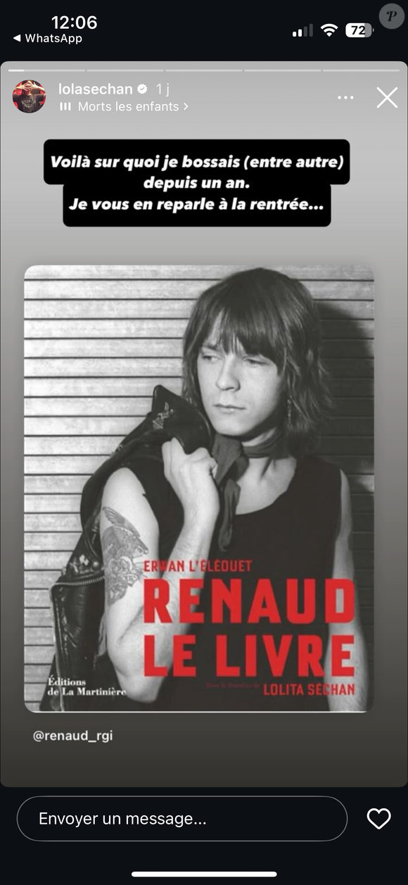 En parallèle, elle a coécrit avec Erwan L’Éléouet un ouvrage intitulé Renaud, le livre, à paraître en octobre prochain aux éditions de La Martinière.

Lolita Séchan a publié des stories sur son compte Instagram à propos de son rôle dans la carrière de son père Renaud.