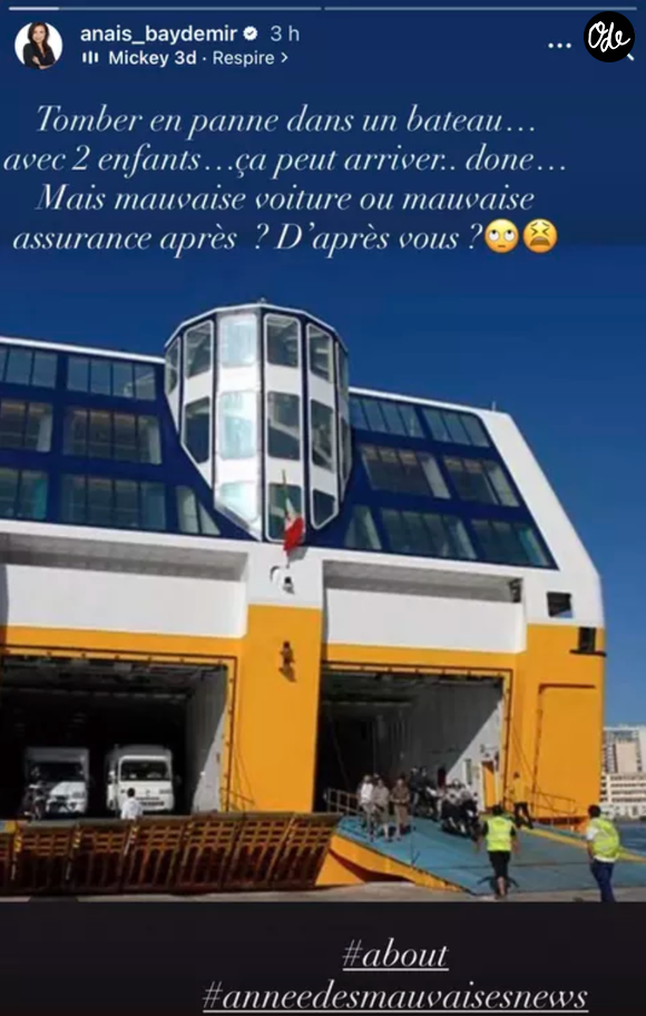 Anaïs Baydemir a partagé ses galères de vacances dans sa story Instagram, le mardi 11 août 2026.

Instagram Anaïs Baydemir