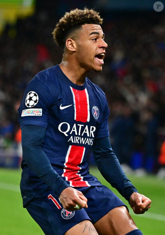 Désiré Doué - Match de quart de finale aller de Ligue Des Champions 2024-2025 (LDC) "PSG - Aston-Villa (3-1)" au Parc des Princes, le 9 avril 2025. Christian Liewig / Bestimage