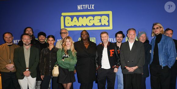 Alexis Manenti, Mister V, Nina Zem, Vincent Cassel, Bertrand Lagros de Langeron a.k.a. 'So Me', Deborah Lukumuena, Tom Dingler, David Dewaele, Stephen Dewaele, Paul Mirabel, Alice Moitié, Philippe Katerine et Panayotis Pascot - Avant-première du film "Banger" au Pathé Wepler à Paris le 1er avril 2025. © Coadic Guirec/Bestimage
