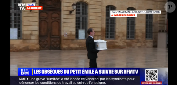 Le cercueil blanc d'Emile arrivant à la basilique Sainte-Marie-Madeleine de Saint-Maximin-la-Sainte-Baume le 8 février 2025. Il a ensuite été porté par ses parents Marie et Colomban Soleil , son parrain et sa marraine.