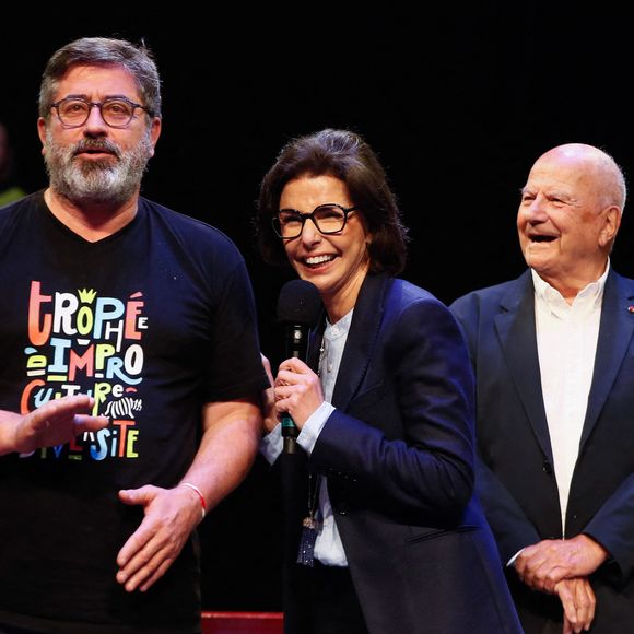 Alain Degois, Marc Ladreit de Lacharrière (pdt du groupe Fimalac, fondateur de la Fondation), Rachida Dati - Finale du "Trophée national d'impro" organisée par la fondation "Culture & diversité" au théâtre national de Chaillot à Paris, France, le 03 juin 2024. © Christophe Clovis / Bestimage