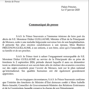 Communiqué de presse du prince Albert de Monaco, repris sur "Instagram" par "Monaco Info".