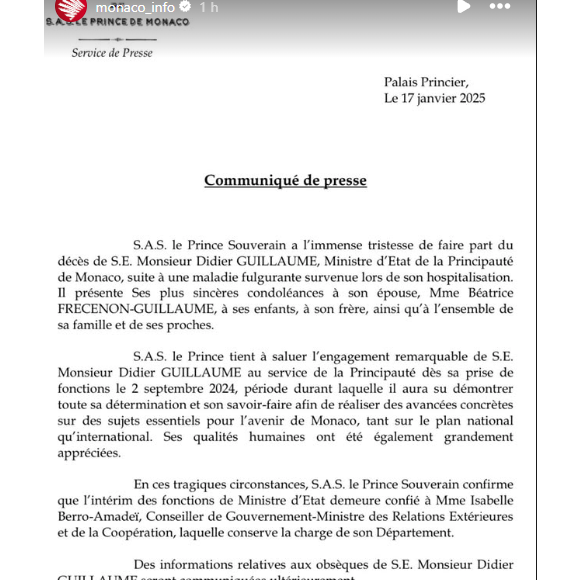 Communiqué de presse du prince Albert de Monaco, repris sur "Instagram" par "Monaco Info".