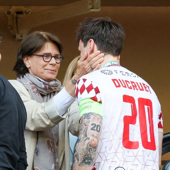 La princesse Stéphanie de Monaco, Louis Ducruet - La famille princière de Monaco assiste au match de football Racing Stars Football Cup opposant les pilotes Nazionale Piloti contre les Barbagiuans au stade Louis II à Monaco le 21 mai, 2025. © Claudia Albuquerque/Bestimage