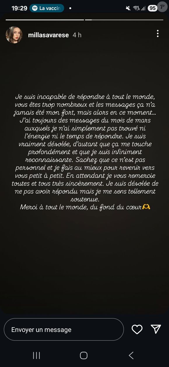Message de Milla, la fille d'Emilie Dequenne, sur Instagram, le 30 août 2025.